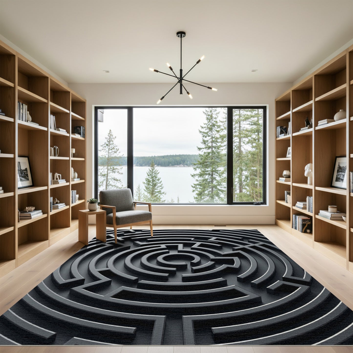 Minimalist Charcoal Geometric Labyrinth Rug
