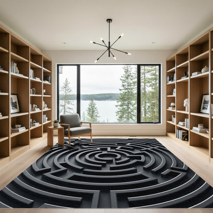 Minimalist Charcoal Geometric Labyrinth Rug