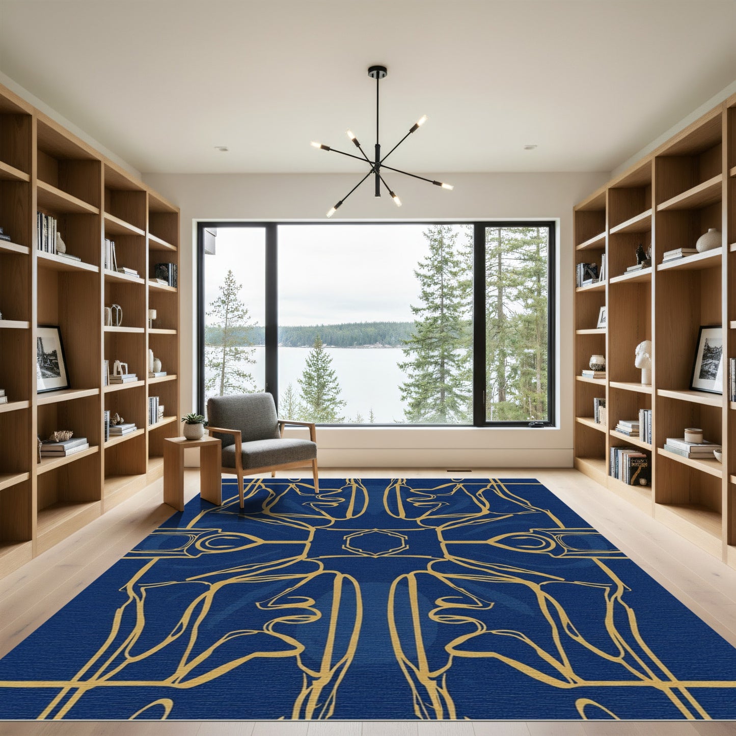 Royal Blue Gold Abstract Face Composition Rug