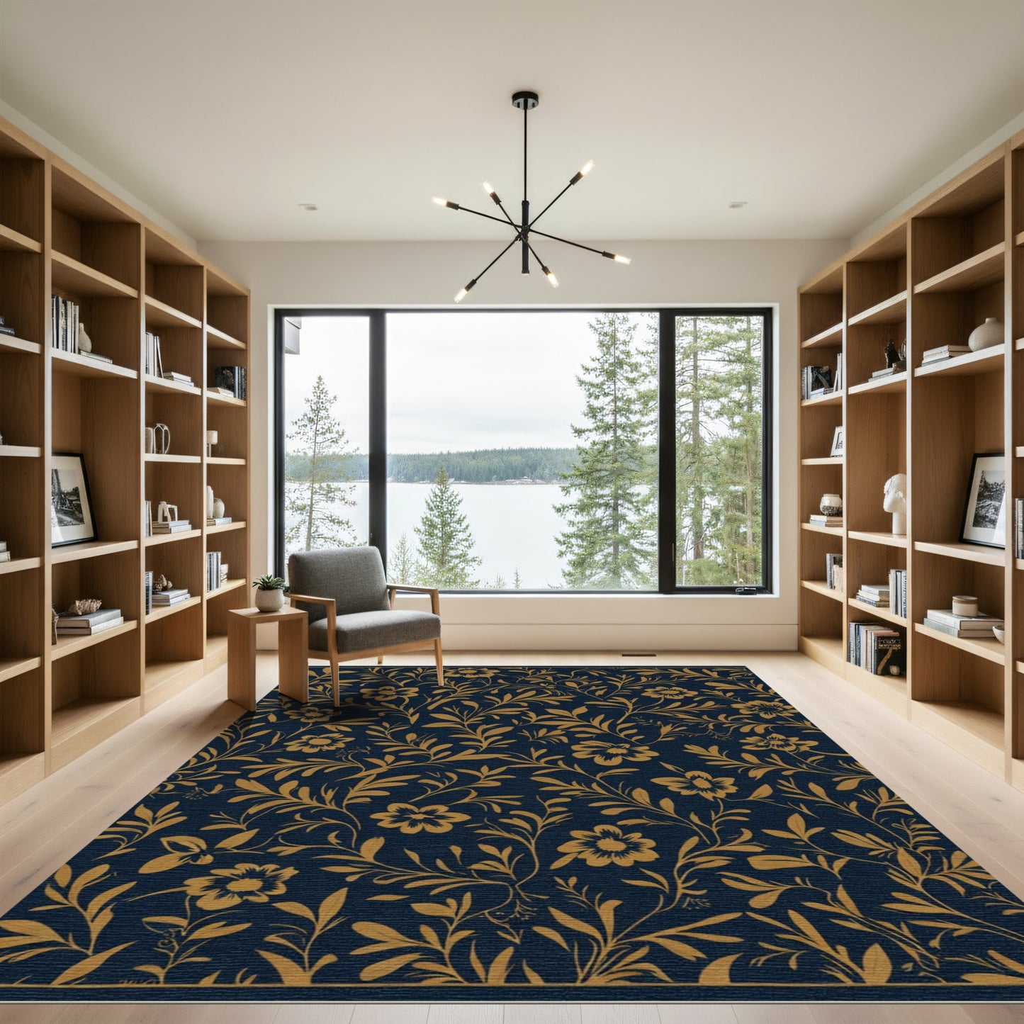 Gold Floral Vinery Dark Blue Rug