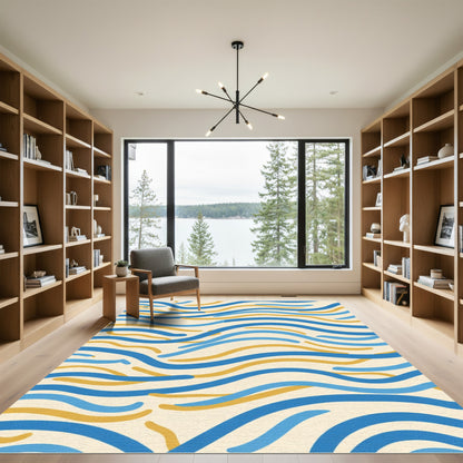Coastal Blue and Gold Wave Pattern Rug