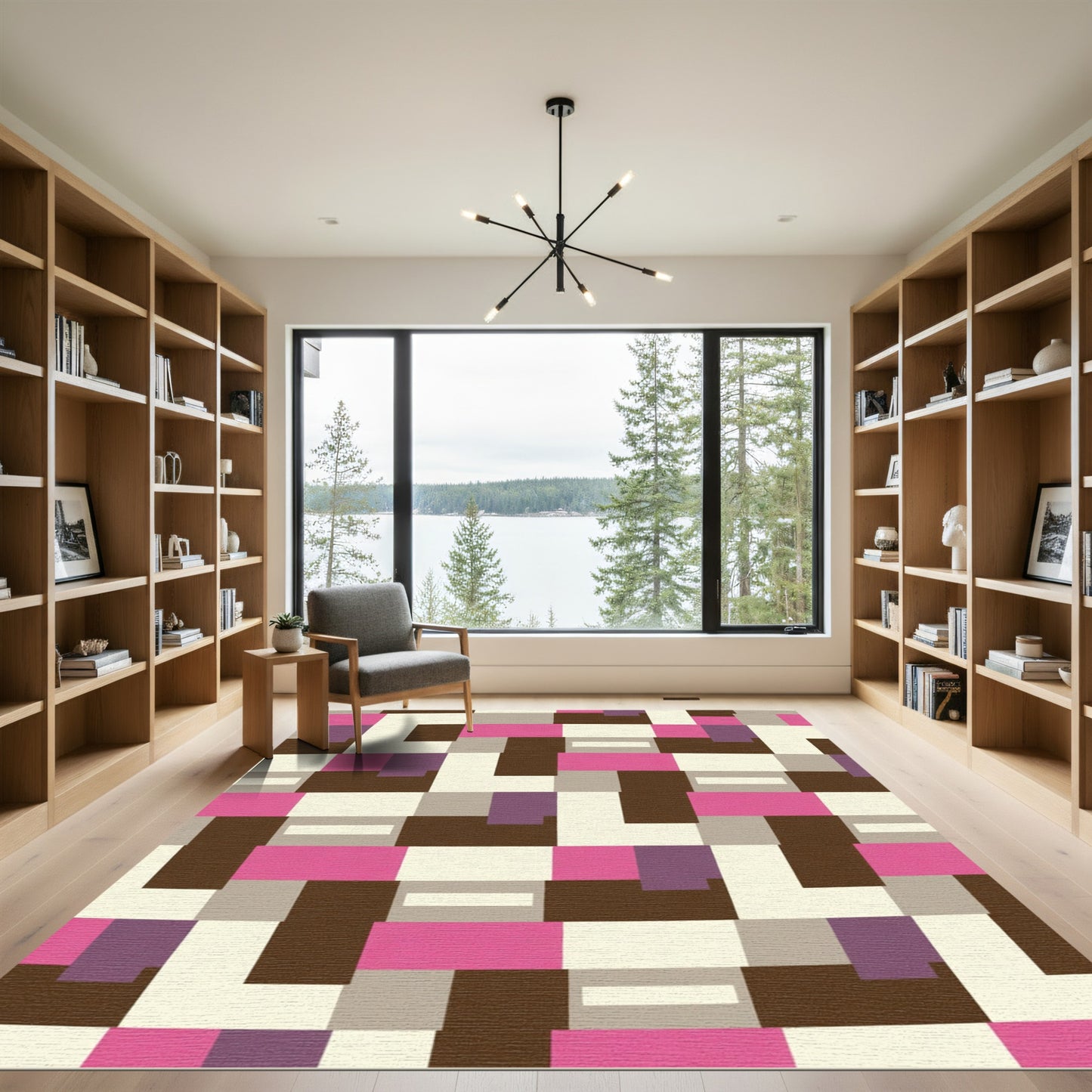 Retro Pink Brown Geometric Blocks Rug