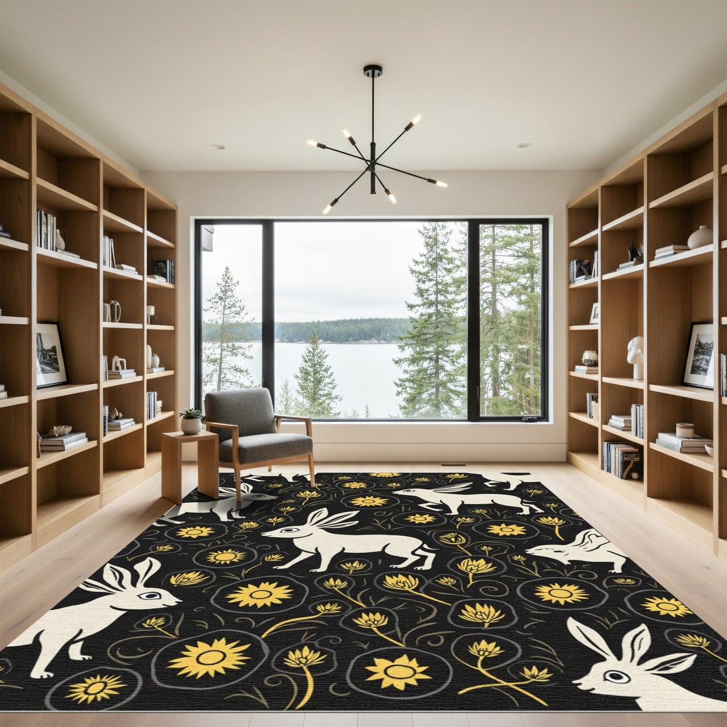 Cream Rabbits Yellow Floral Dark Rug
