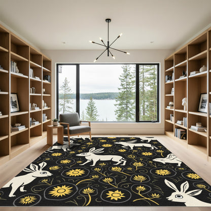 Cream Rabbits Yellow Floral Dark Rug