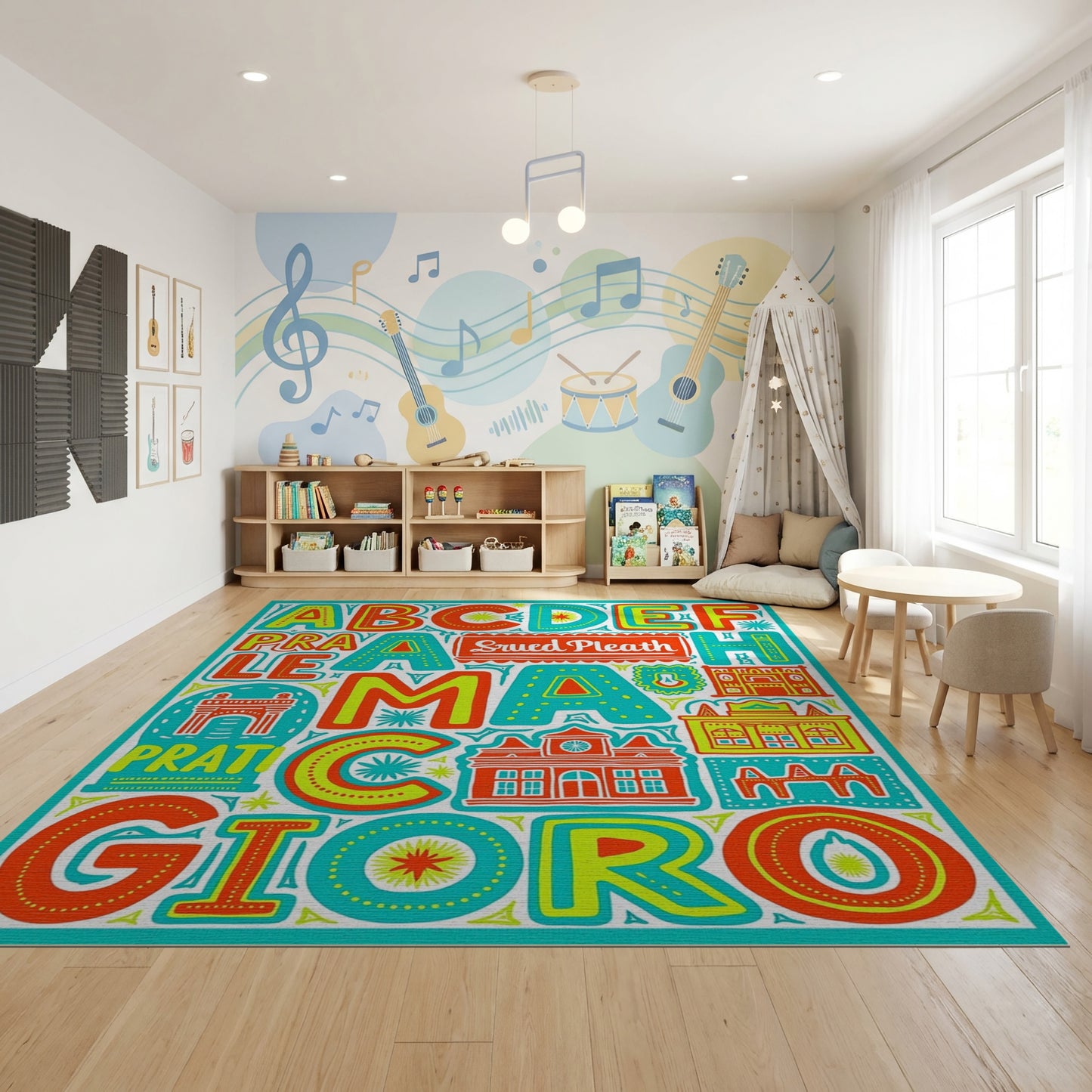 Colorful Oversized Alphabet Buildings Rug