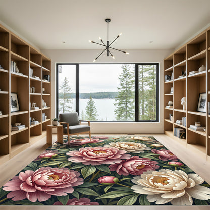 Blush Peony Floral Garden Bouquet Rug