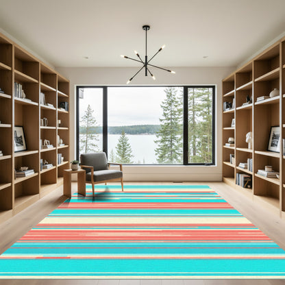 Coral Teal Cream Horizontal Stripe Rug