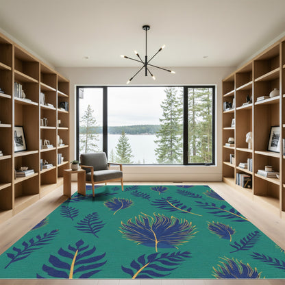 Deep Teal Blue Feather Botanical Rug