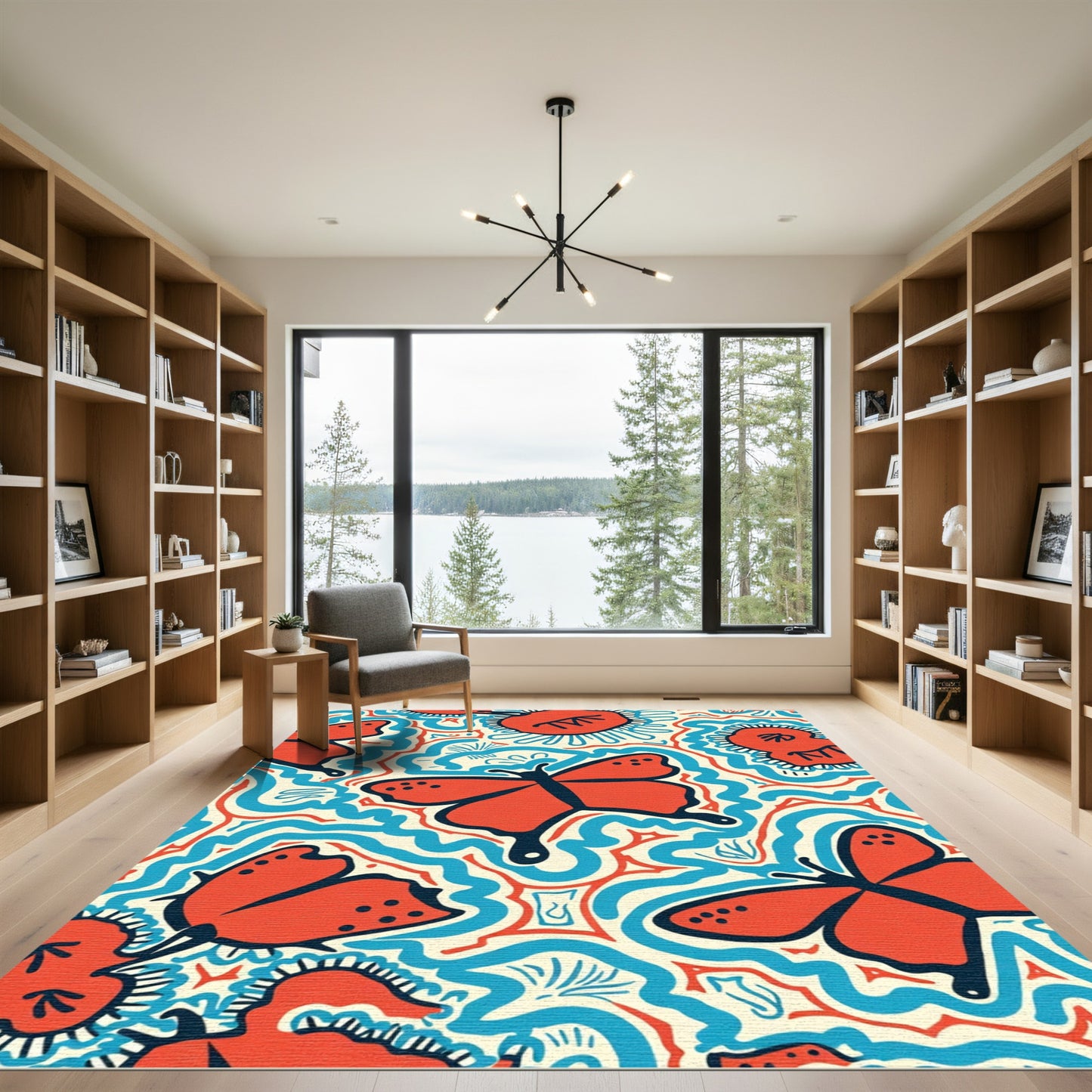 Orange Butterfly Blue Swirl Cream Art Rug