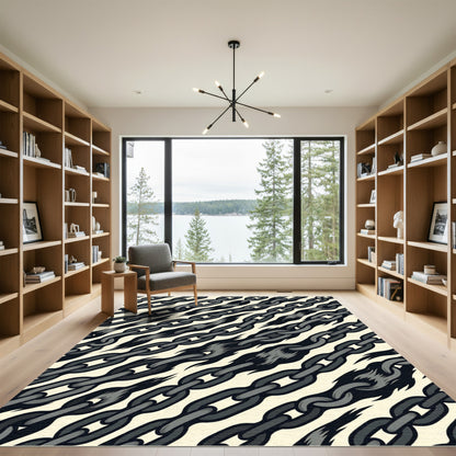 Monochrome Industrial Chain Link Artwork Rug