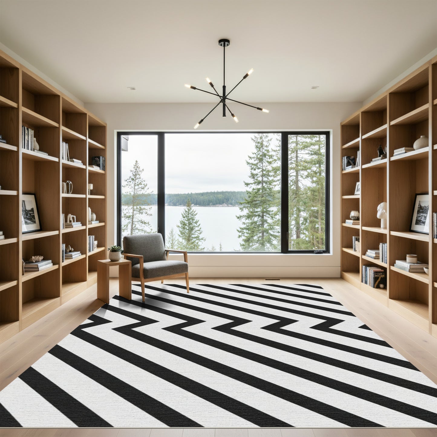 Black White Chevron Diagonal Stripes Rug