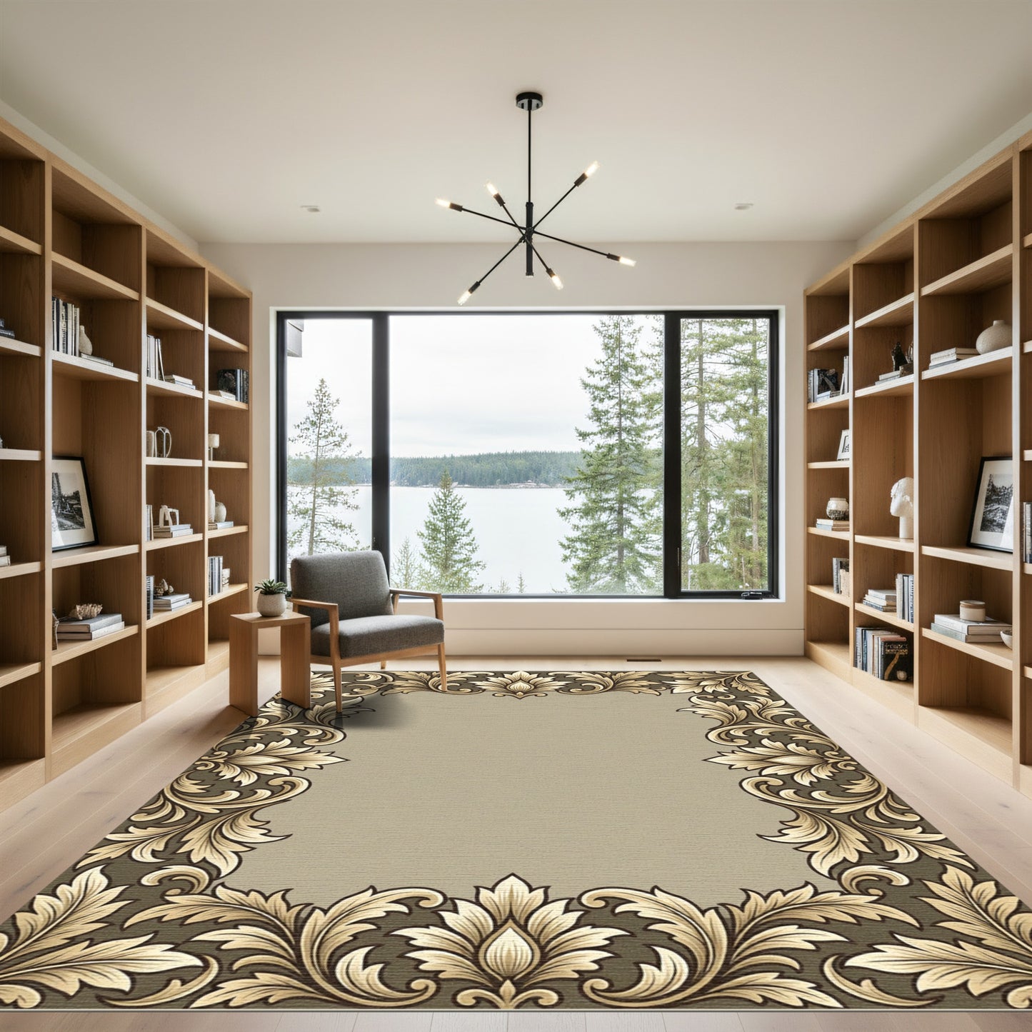 Ornate Gold Leaf Scroll Border Rug