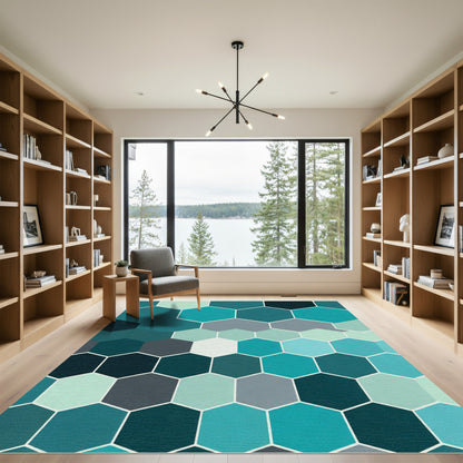Deep Teal Hexagon Geometric Gradient Rug