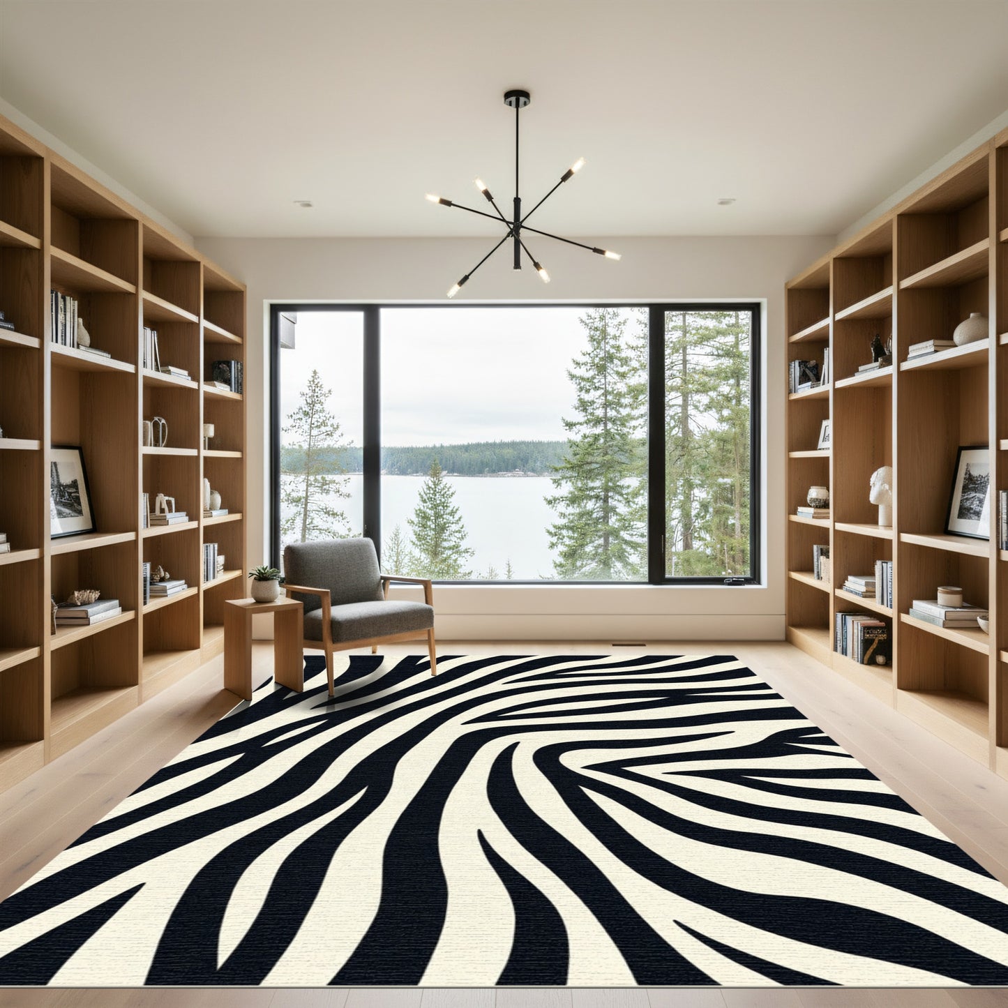 Cream Black Curved Zebraskin Striations Rug