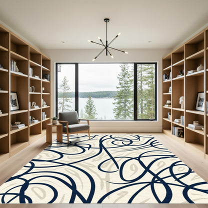 Dark Blue Swirl Cream Abstract Rug