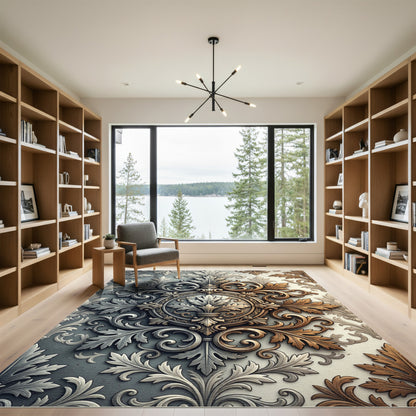 Elegant Silver and Gold Acanthus Medallion Rug