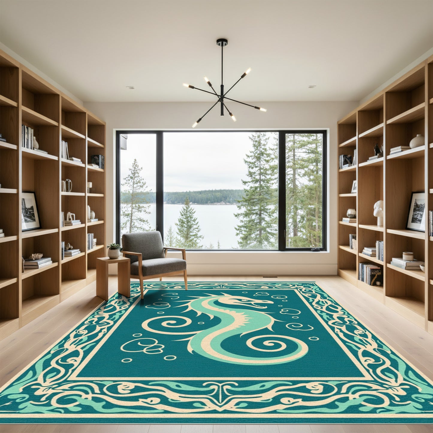 Teal Sea Horse Scroll FrameRug Rug
