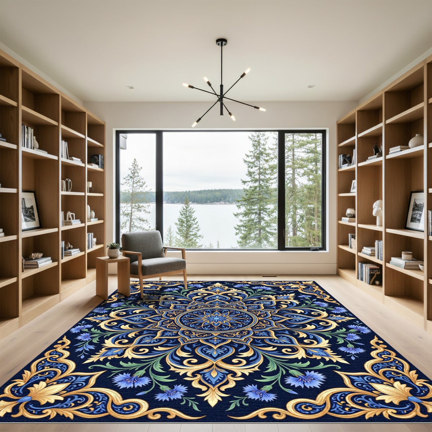 Royal Blue Golden Floral Mandala Rug