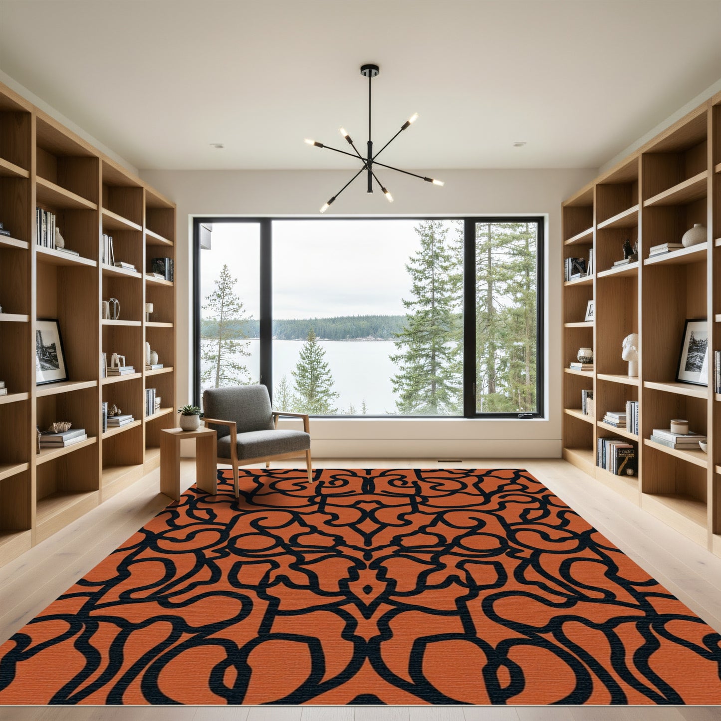 Symmetrical Orange Abstract Swirl Rug