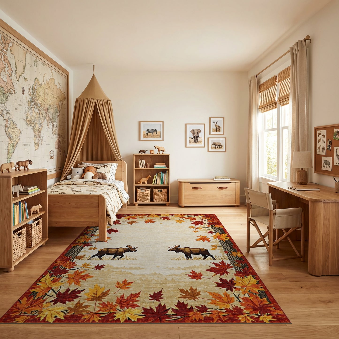 Rustic Woodland Moose Autumn Leaves Rug