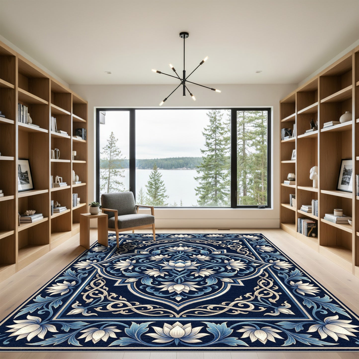 Ornate Blue Lotus Floral Medallion Rug