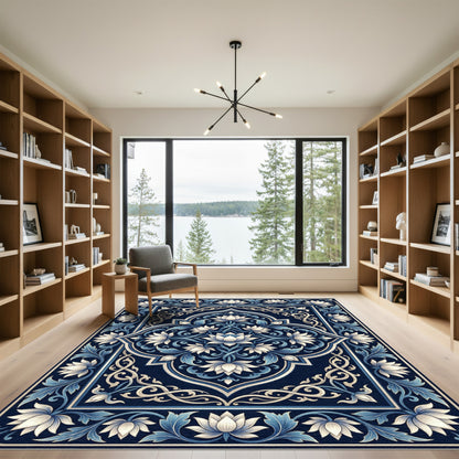 Ornate Blue Lotus Floral Medallion Rug