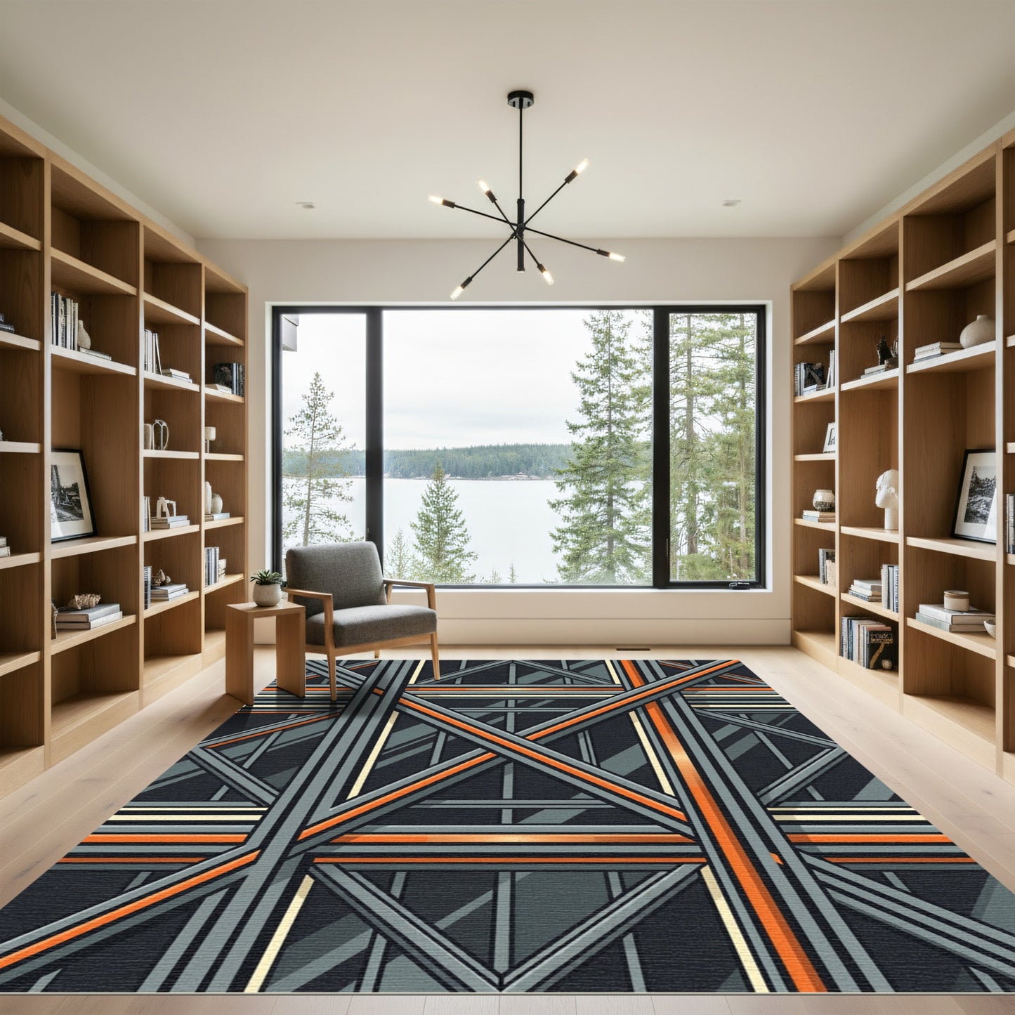 Modern Industrial Gray Orange Geometric Structure Rug