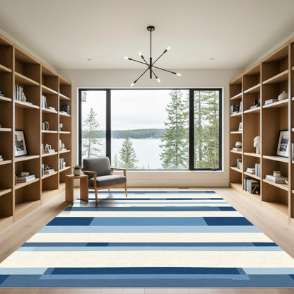 Coastal Blue Horizontal Bar Stripe Rug