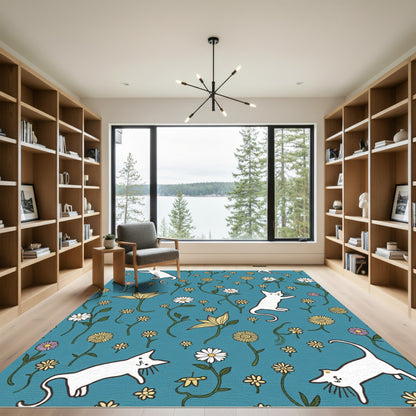 Playful White Cats Floral Garden Rug