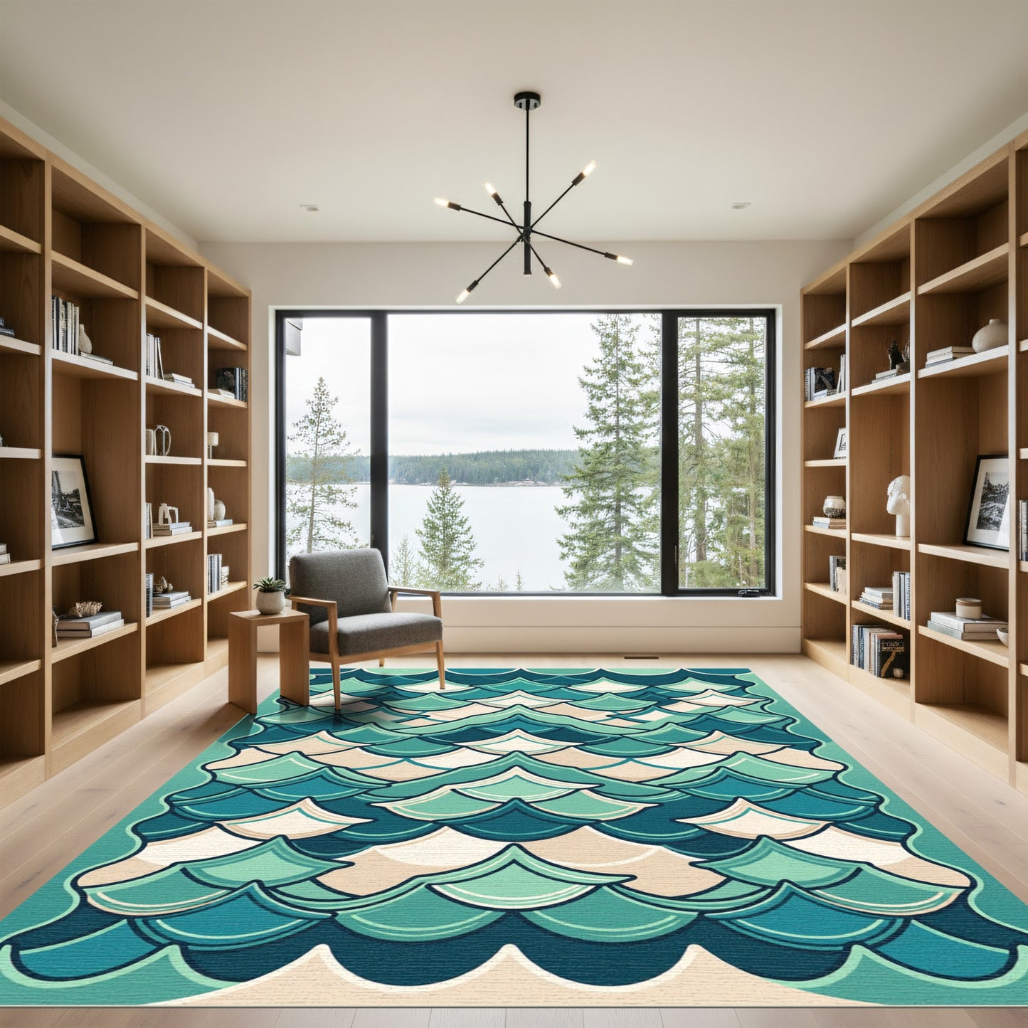 Teal and Cream Scalloped Wave Art Rug