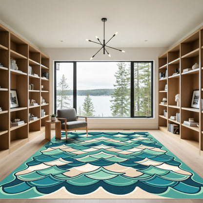 Teal and Cream Scalloped Wave Art Rug