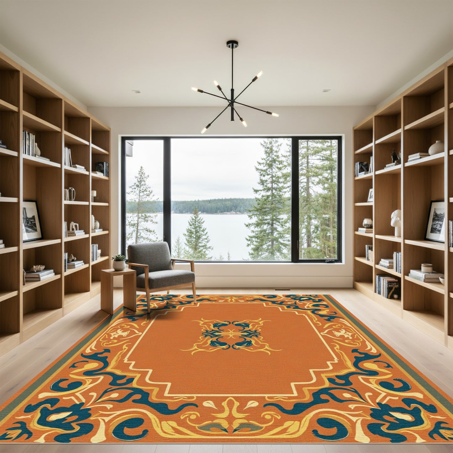 Orange Teal Golden Scroll Border Rug