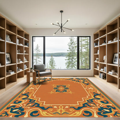 Orange Teal Golden Scroll Border Rug