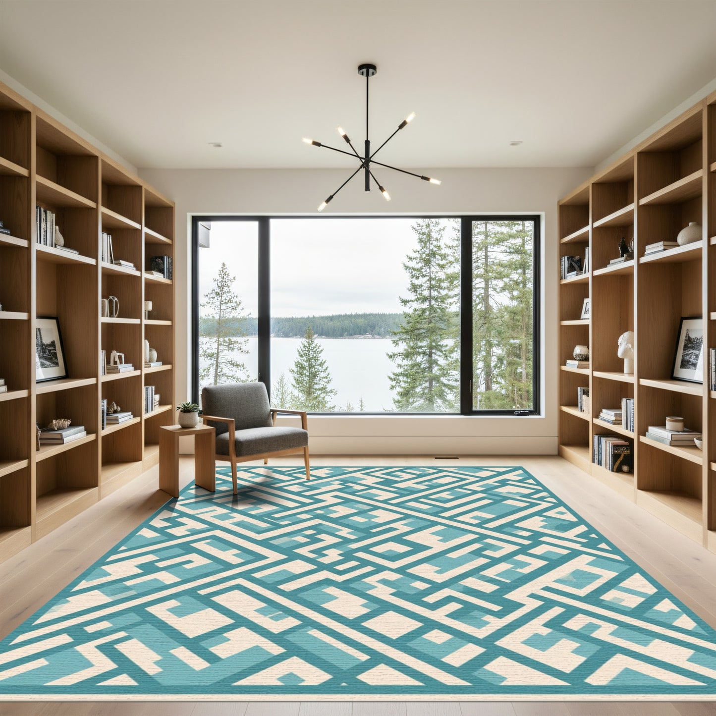 Teal White Geometric Interlocking Labyrinth Rug