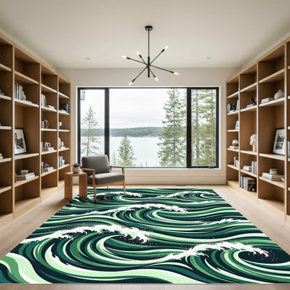 Deep Emerald Wavy Ocean Crests Rug