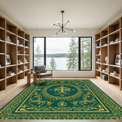 Golden Leaf Scrollwork Emerald Frame Rug
