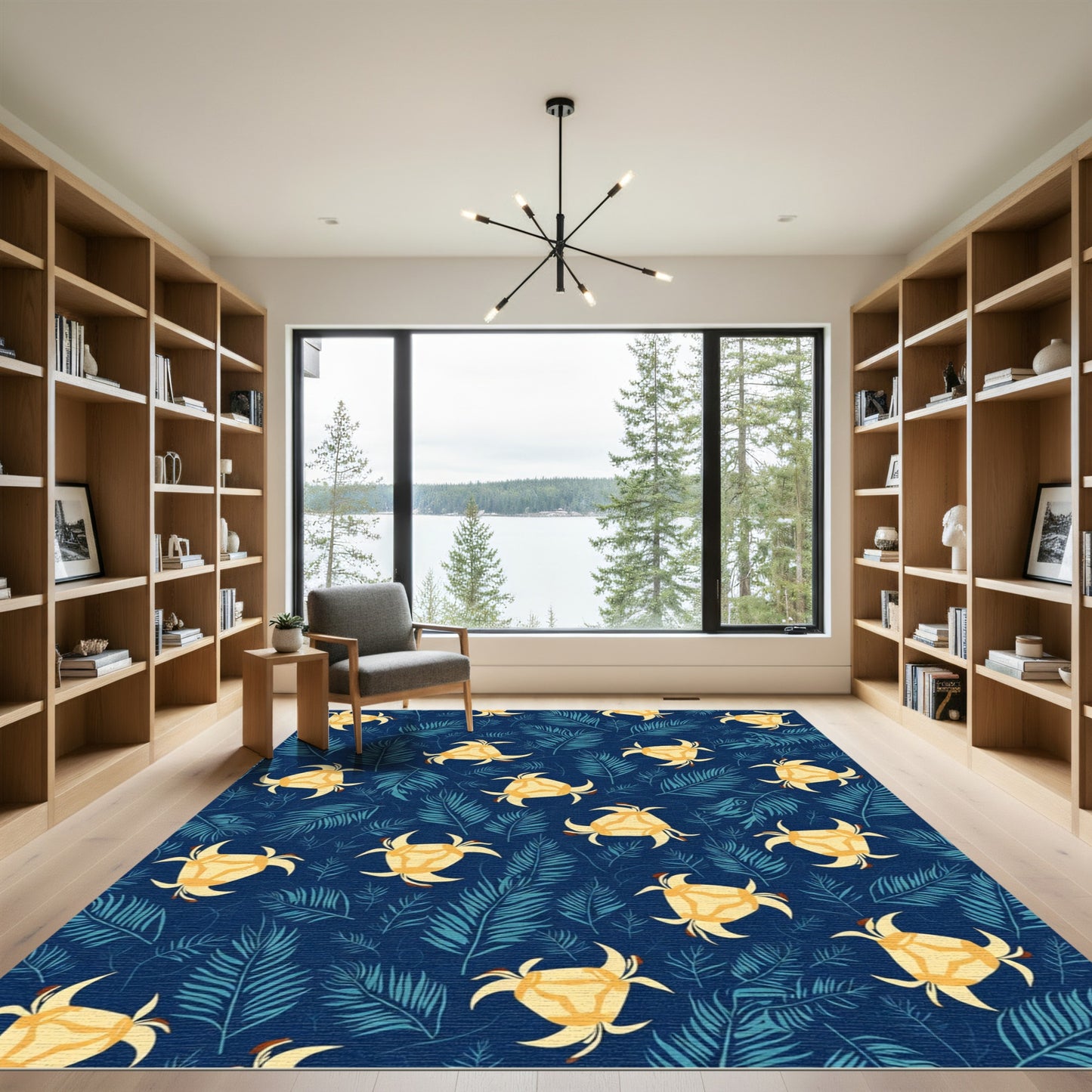Yellow Flower Teal Leaf Pattern Rug