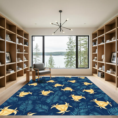 Yellow Flower Teal Leaf Pattern Rug