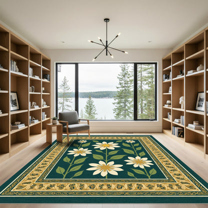 Emerald Green Floral Garden with Border Rug