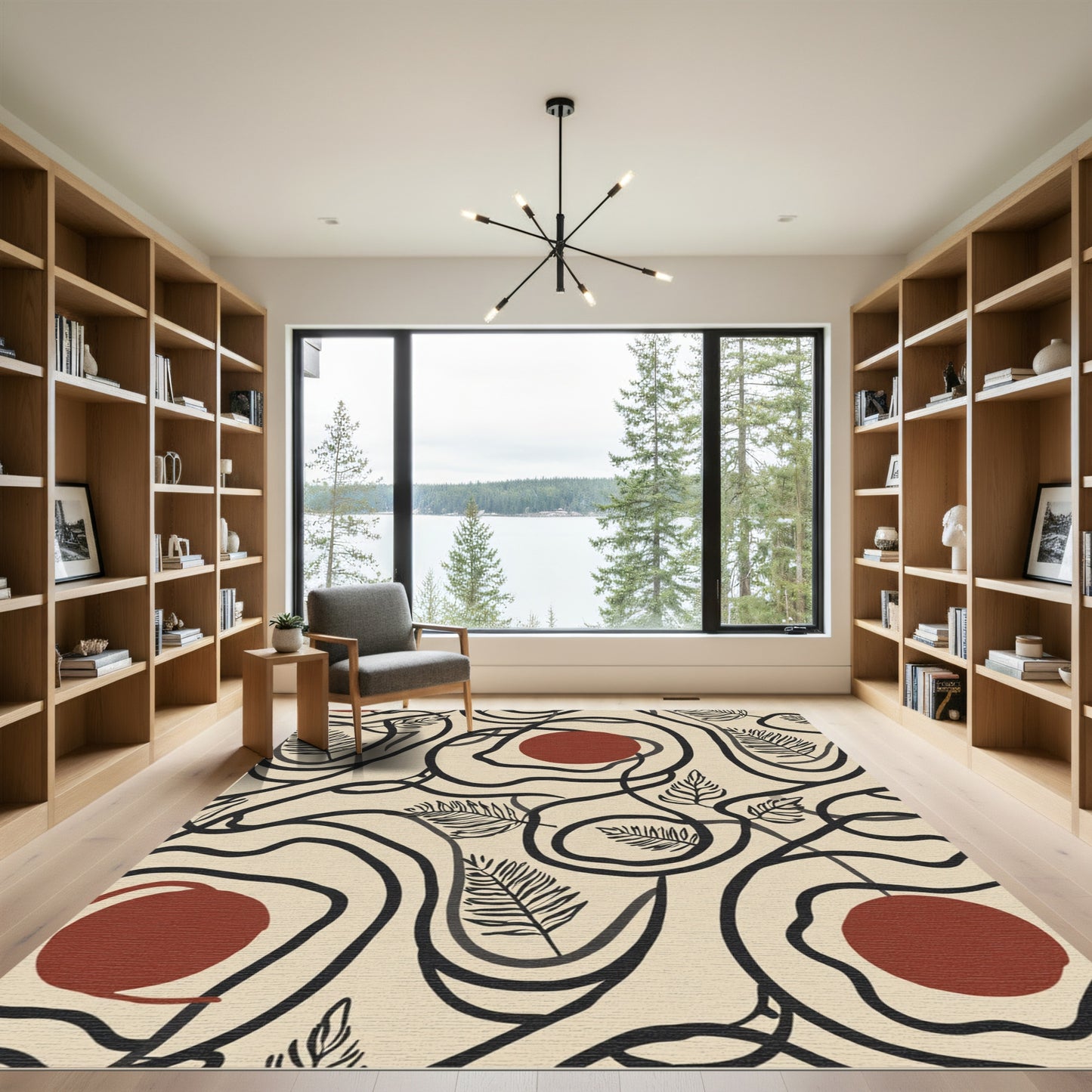 Abstract Black Organic Circles Fern Shape Rug