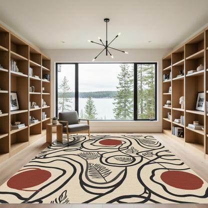 Abstract Black Organic Circles Fern Shape Rug