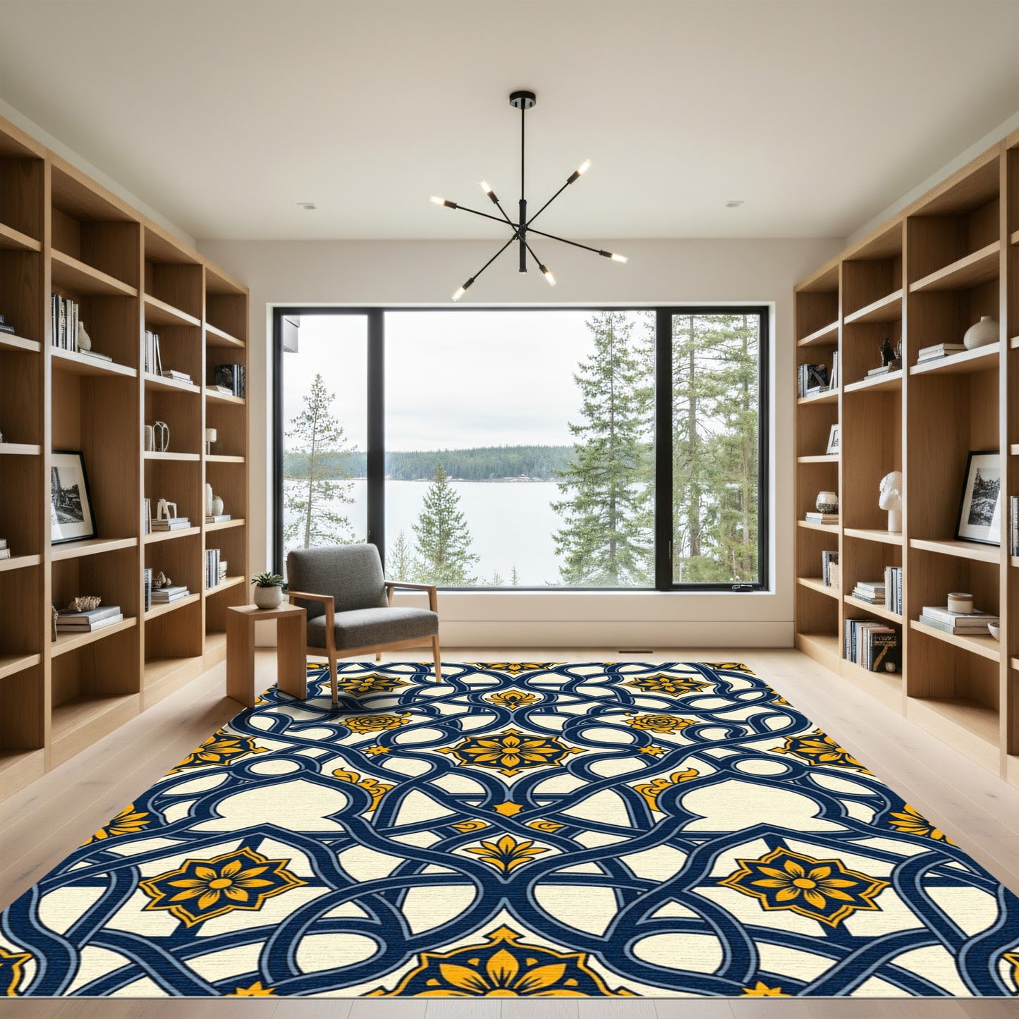 Navy Blue Golden Floral Interlocking Scroll Rug