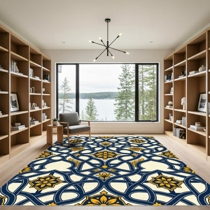 Navy Blue Golden Floral Interlocking Scroll Rug