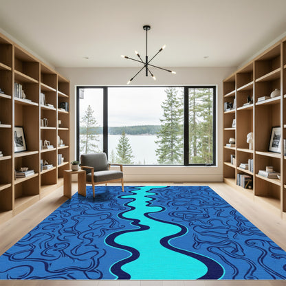 Deep Blue Wavy River Swirl Rug