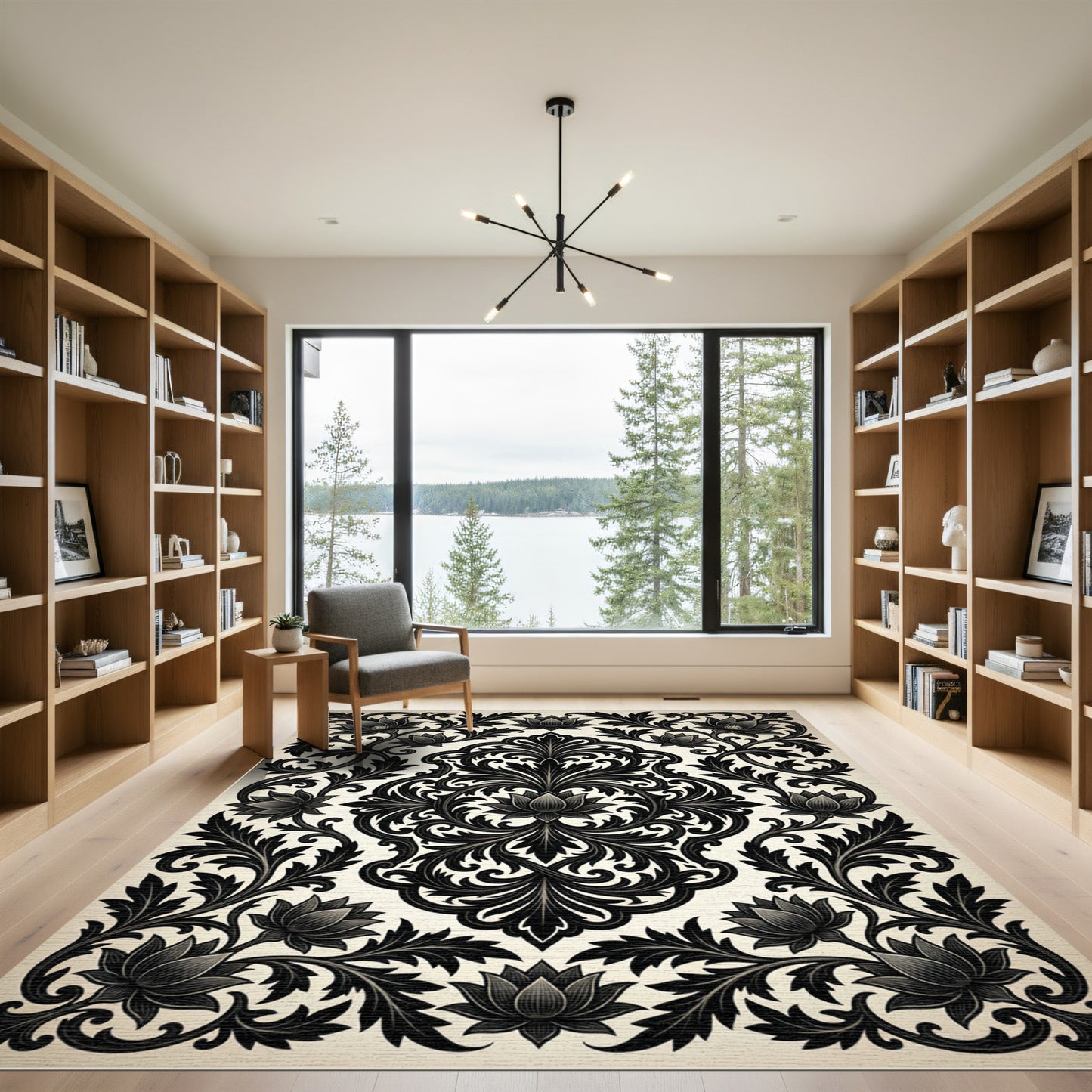 Elegant Black Floral Damask Charcoal Scroll Rug