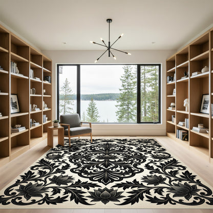 Elegant Black Floral Damask Charcoal Scroll Rug