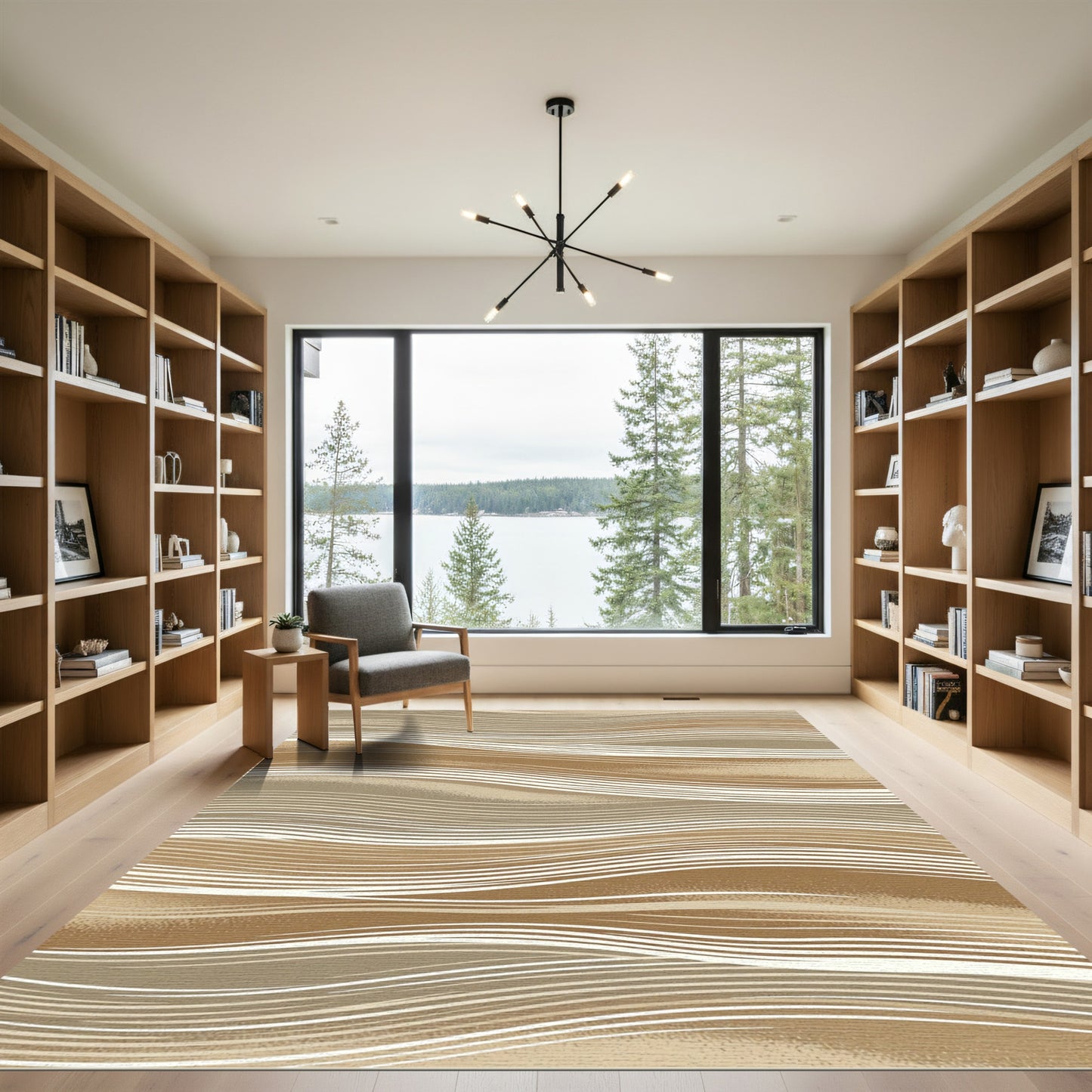 Neutral Ochre Wavy Line Abstraction Rug
