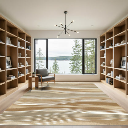 Neutral Ochre Wavy Line Abstraction Rug