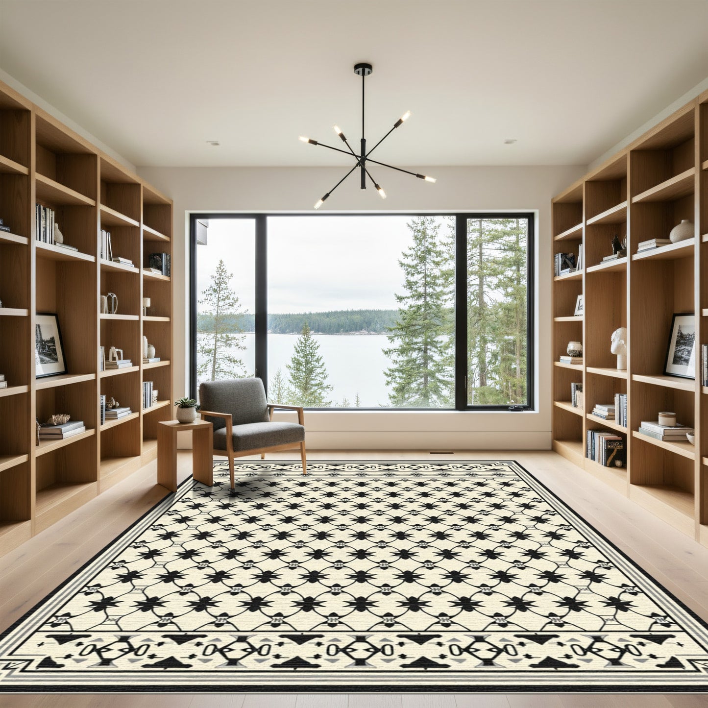 Neutral Cream Black Repeating Geometric Trellis Rug