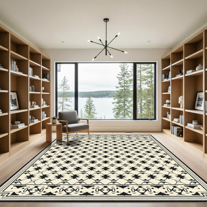 Neutral Cream Black Repeating Geometric Trellis Rug